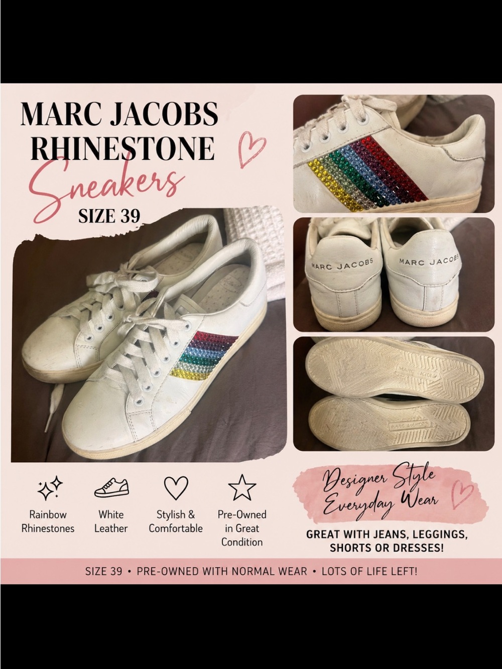Marc Jacobs White Rhinestone Rainbow Stripe Leather Sneakers - Size 39